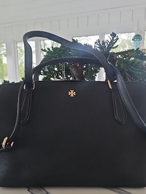 Tory Burch Black Leather Top-Handle Satchel with Gold Logo